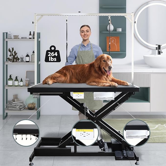 Electric Pet Dog Grooming Table, 50" Heavy Duty Grooming Table Professional X-Lift for Large Dogs Adjustable Height: 11.3"-40" Non-slip, AC Outlets, Storage Tray, 2 Nooses, Black