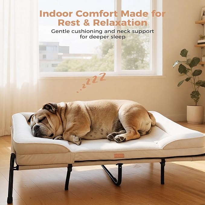 Lekereise Raised Dog Bed for Large Dog 46x33 Inch, Orthopedic Pet Beds with Waterproof Egg Crate Foam, Removable Dogs Couch Bed for Indoor Outdoor, 2-in-1 Design, Load 110lb, Beige