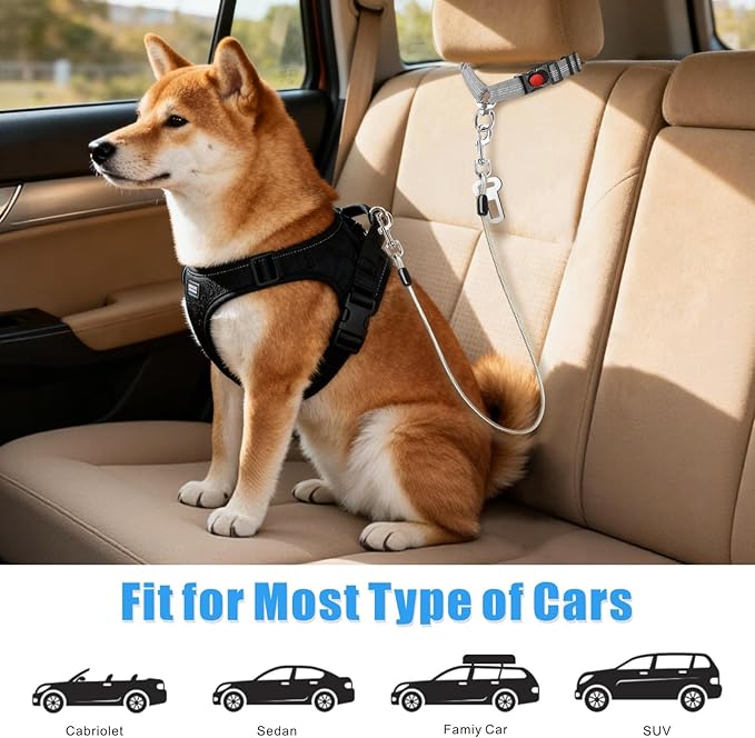 Idepet Dog Seat Belt for Car, 2 Pcs Stainless Steel Chew Proof Dog Seatbelt, 3 in 1 Dog Harness for Car Safety Seat Belt, Heavy Duty Pet Car Seat Belt for Medium & Large Dogs (Grey+Grey)
