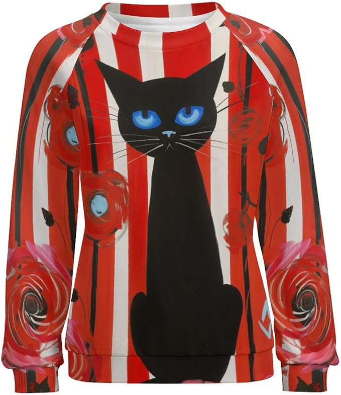 Biacolum Long Sleeve Shirts for Women Mid Century Retro Style Atomic Cat 3D Graphic Sweatshirts Fall Crewneck Pullover Top