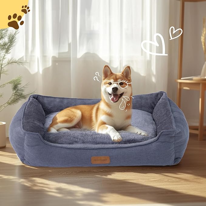 Rectangle Dog Bed for Large Medium Small Dogs Washable Pet Bed with Bolster Sides Non-Slip Bottom Pet Sofa Waterproof Lining Durable Pet Cuddler, Dark Grey, 33x 26x 7.5