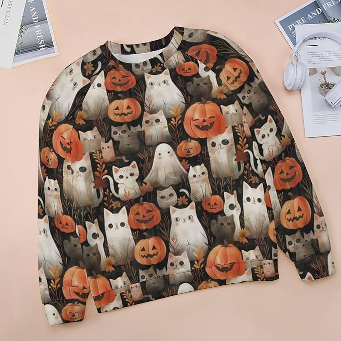 Womens novelty funny cat printed crewneck sweatshirt casual loose long sleeve graphic pullover sweatshirts tops