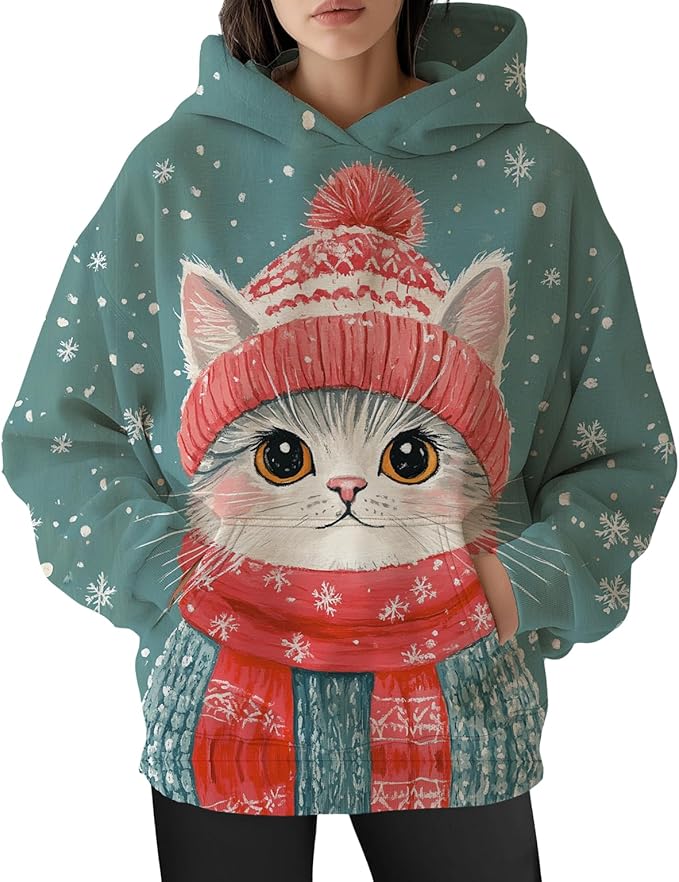Womens Cat Print Hoodies Trendy Funny Cat Graphic Long Sleeve Sweatshirt Y2k Streetwear Hooded Pullover Tops