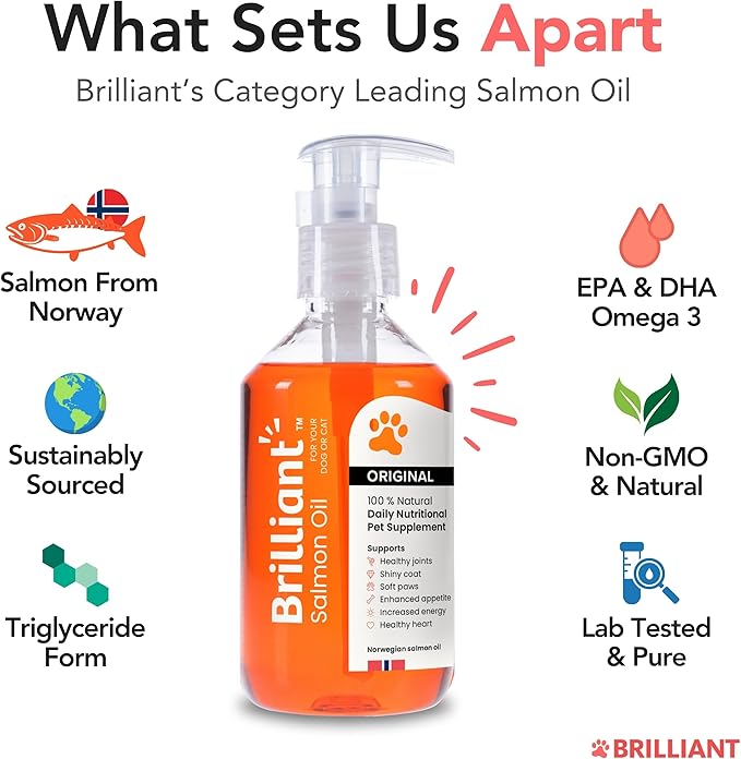 Brilliant Salmon Oil for Dogs, Cats & Puppies | Omega 3 Fish Oil Liquid Supplement with DHA, EPA Fatty Acids | Supports Skin and Coat, Immune System & Joint Function | Hofseth BioCare (10oz)