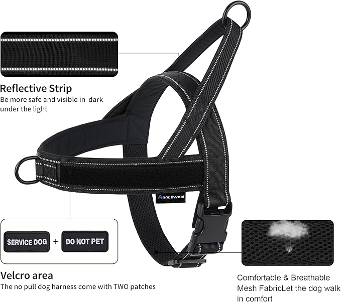 Annchwool No Pull Dog Harness, Collar & Leash Set|Reflective Dog Harness+Heavy Duty Dog Collar+Dog Leash with Double Handle & Car Seatbelt Clip|Easy for Walking Medium Large Size Dogs(Black,XL)