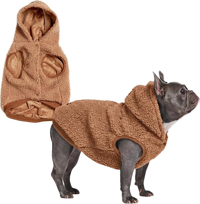 Spark Paws Fleece Dog Jacket, Hooded Sweater Vest, Warm Coat for Winter - Suitable for Small Medium Large XL XXL Breeds - Brown - L