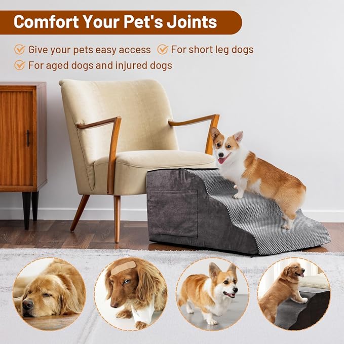 6-Step Dog Stairs for Bed & Couch – H Pet Steps for Puppy & Older Dog, Non-Slip Pet Ramp with Wide Pedals, Sturdy Indoor Dog Ladder for High Furniture 43.3" L x 19.68" W x 29.53" H Grey