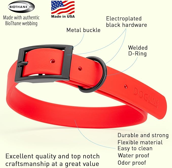 Dogline Biothane Coated Webbing Dog Collar with Black Metal Hardware: Durable Easy-Clean Everyday Collar for Dogs - Comfortable Adjustable Odor-Resistant Pet Collar, W1 x L18-22, Cherry Red