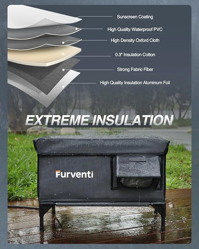 Heated Cat House for Outside,Dual Camera Mounts,100% Weatherproof & Extremely Insulated,Elevated Feral Cat Shelter with Escape Door,Waterproof Eaves for Outdoor Stray Barn Cat(Grey, XL)