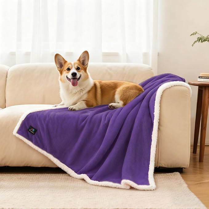 Luciphia Waterproof Bed Blanket Washable,Soft Sherpa Fleece Puppy Reversible Throw Blankets for Small Dog Cat,Furniture Cover Protector Couch Bed from Liquid Pee and Pet Fur, Purple White, 40" x 28"