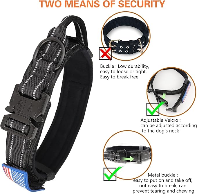 KCUCOP Heavy Duty Tactical Dog Collar and Leash Set, Military Training Nylon Reflective Collar with Handle Metal Buckle for Medium Large Dogs, Black, XL (1 Patch Included)