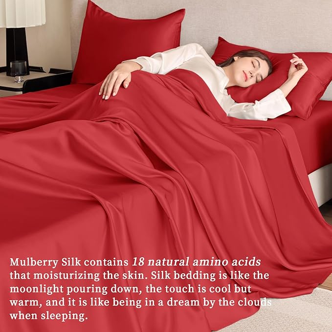 THXSILK Silk Sheet Set 4Pcs, 6A+ Top Grade 100% Pure Mulberry Silk Bed Sheets Ultra Soft Durable Luxury Bedding Sets Cooling, 1 Fitted Sheet, 1 Flat Sheet and 2 Pillowcases (Twin-XL, Red)