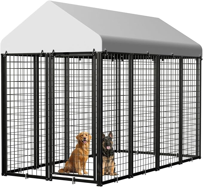 Dog Kennel Outdoor, 8x4x6 FT Heavy Duty Dog Pens Outside with Waterproof Roof, Metal Dog Run Fence with Galvanized Welded Wire Steel for Puppy Playpen