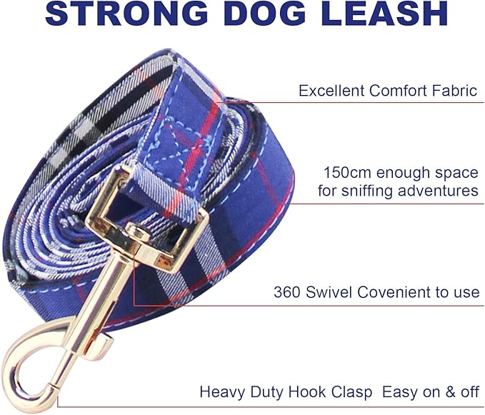 Cute Plaid Dog Collar Harness and Leash with Safety Buckle - Adjustable and No Pull Comfortable Dog Collars for Small Puppy, Stylish Durable Gift for Boy Girl Pets