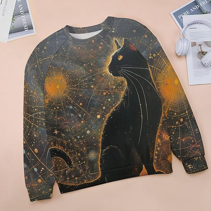 Biacolum Long Sleeve Shirts for Women Mid Century Retro Style Atomic Cat 3D Graphic Sweatshirts Fall Crewneck Pullover Top