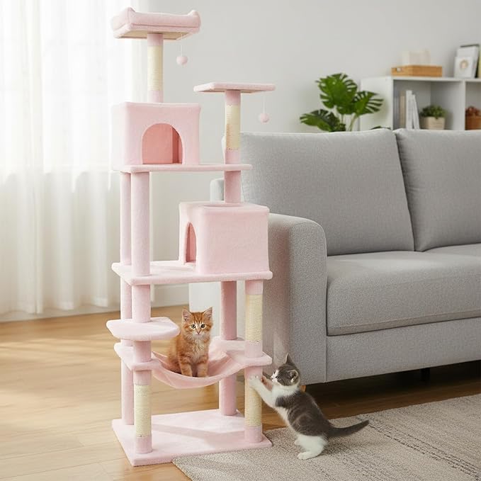 Tangkula Cat Tree for Indoor Cats, 75 Inch Extra Tall Cat Tower with Sisal Scratching Post, Padded Top Perch, Dual Condos, Hammock, 2 Dangling Balls, Platforms, Multi-Level Cat Climbing Furniture