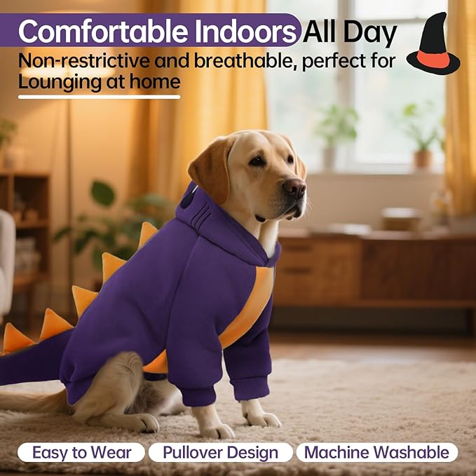 QBLEEV Dog Dinosaur Winter Coat, Warm Soft Knit Pullover Jacket with Hood for Cold Weather, Cozy Fleece-Lined Sweatshirt with 3D Dino Spikes, Stretchy Cute Pet Outerwear for Small Medium Large Dogs