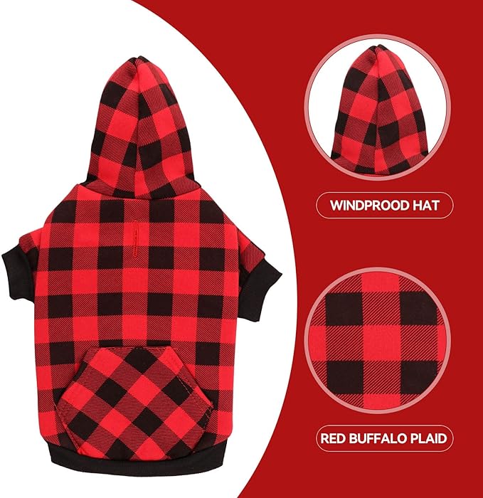 Dog Sweater Red Buffalo Plaid Pet Clothes Warm and Soft Breathable Cozy Small Pet Hoodies Dog Sweaters for Small Dogs with Pocket(XS)