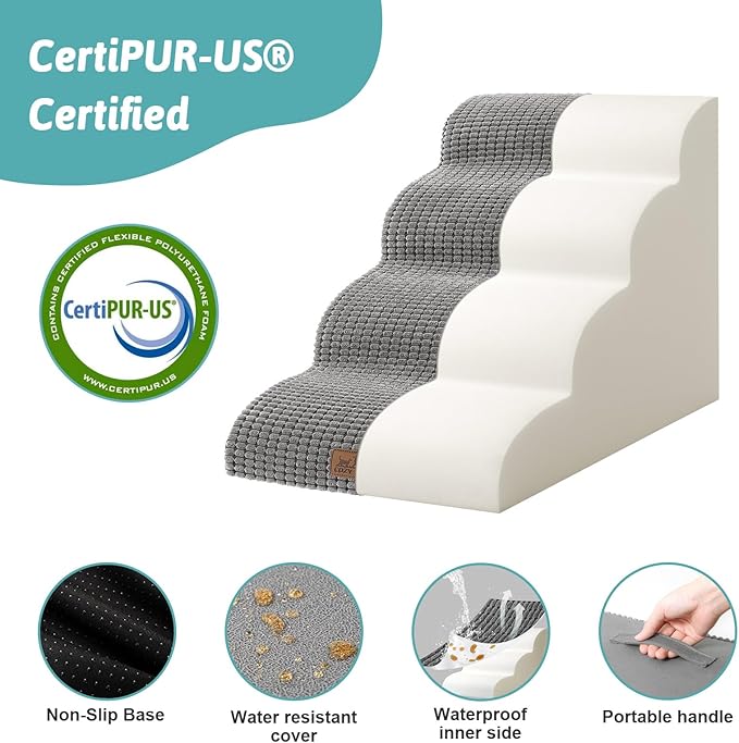 Dog Stairs for Small Dogs 19.7" H, Curved Dog Step for Puppy, Older or Cat, Medium Pet Ramp for Sofa, Couch or Bed, Ladder with High Density Foam, 4 Step, 15.7x28.3x19.7 inch, Dark Grey