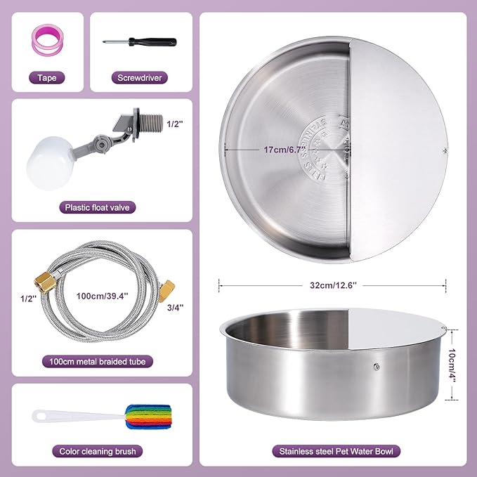 6L Automatic Dog Water Bowl Dispenser Outdoor Stainless Steel Pet Waterer Self Filling Waterer for Large Dog Cat Chicken Duck Goat