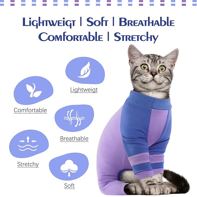 Sticky Hair Cat Clothes, Prevent Hair Loss Cats Pajamas, Turtleneck Cat Sweaters for Cats Only, Kitten Onesie Shirts Apparel Jumpsuit, Recovery Suit After Surgery, Purple XL