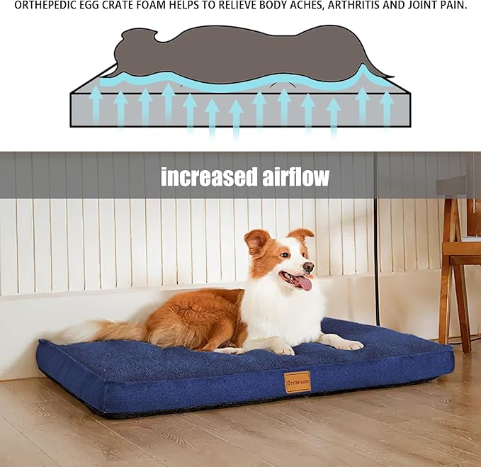 Patas Lague Orthopedic XL Dog Bed Large Sized Dog 42''X28'', Soft Waterproof Egg Crate Foam Large Pet Crate Beds Mat with Removable Washable Cover and Non-Slip Bottom, Navy Blue