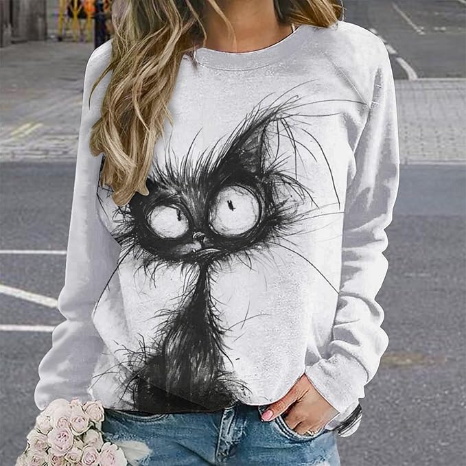 Biacolum Long Sleeve Shirts for Women Mid Century Retro Style Atomic Cat 3D Graphic Sweatshirts Fall Crewneck Pullover Top