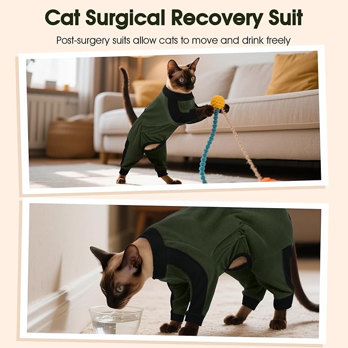 DENTRUN Cat Clothes with Anti-Shedding Fabric - Soft Recovery Suit & Breathable Lint-Resistant Cat Sweater for Wound Care & Hair Control, Kitten Onesie Pajamas, XL, Army Green