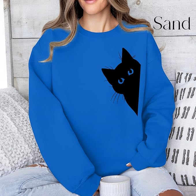 Cat Sweatshirts for Women Graphic Print Sweatshirt Funny Long Sleeve Shirt Cute Pullover Lightweight Hoodie Tops