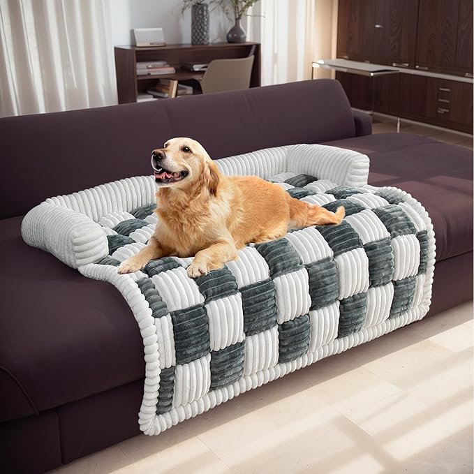 LiveGo Fuzzy Pet Couch Covers for Sofa, Dog Couch Cover Fuzzy Sofa Cover Cream Square Plaid Dog Bed Plush Dog Mat for Furniture Protector for Large Medium Dogs and Cats (Blue Gray, 35.4"*35.4")