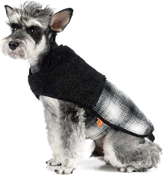 FOFOS Dog Winter Coat, Plush Dog Jacket with Leash Hole, Adjustable Warm Pet Snow Vest for Small Medium Dogs, Black, L