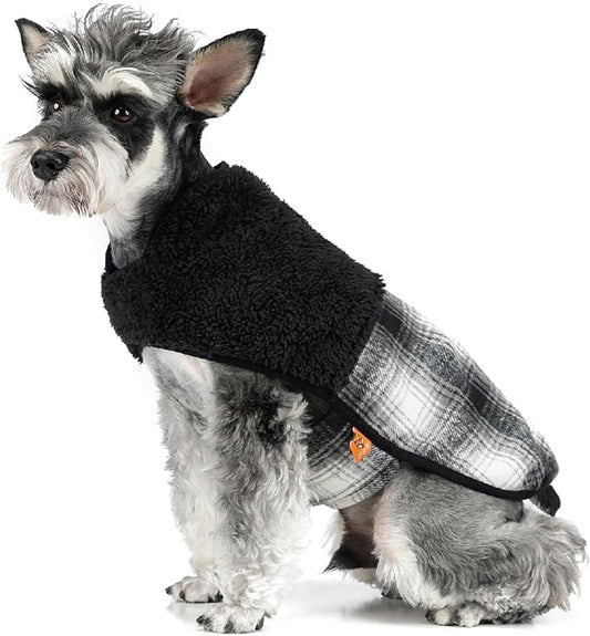 FOFOS Dog Winter Coat, Plush Dog Jacket with Leash Hole, Adjustable Warm Pet Snow Vest for Small Medium Dogs, Black, L