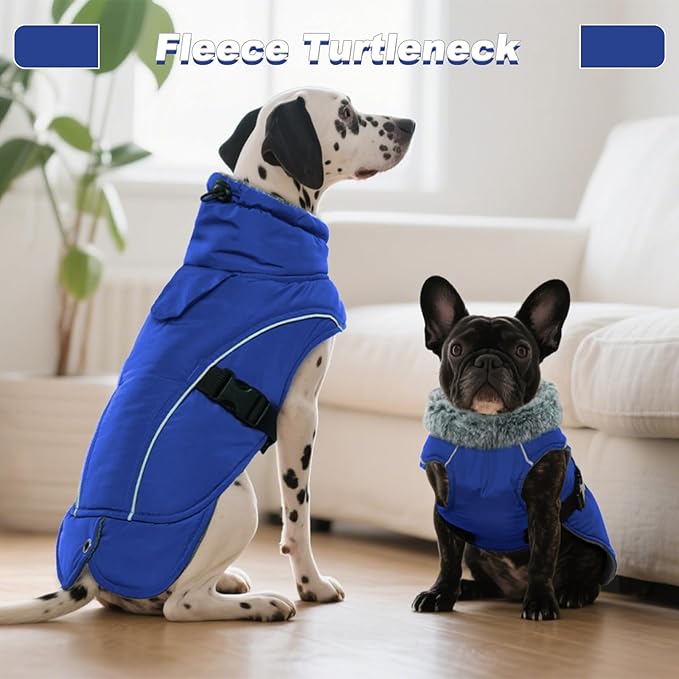DENTRUN Winter Warm Dog Coat Reflective Jacket with Turtleneck for Cold Weather, Adjustable Buckle Windproof Water Repellent, Thick Snowsuit Fleece Vest for Small, Medium, Large Dogs, Blue, S