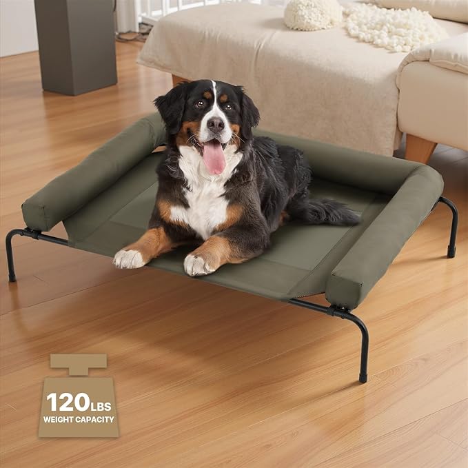 Athena Collection Outdoor Elevated Dog Bed with Removable Bolsters, 55 Inches Raised Dog Cot Washable with Metal Frame Non-Slip Feet for Large Size Dog, Green