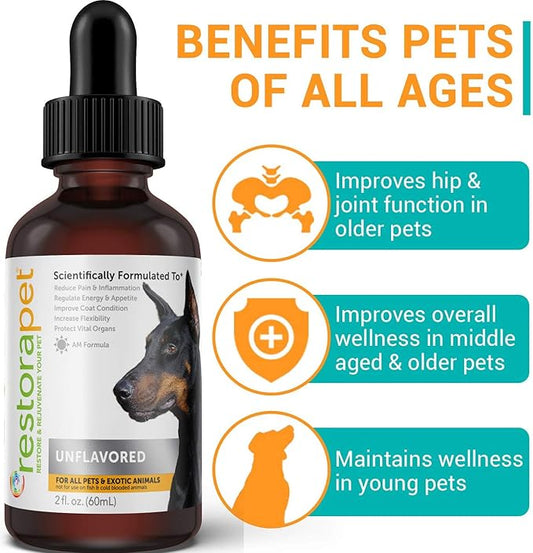 RestoraPet 2-Pack Dog & Cat Unflavored Liquid Multivitamin | Dog Arthritis Pain Relief | Hip&Joint Vitamins for Dogs | Anti Inflammatory Supplement for Dogs & Cats | Organic & Non-GMO, Vet Approved