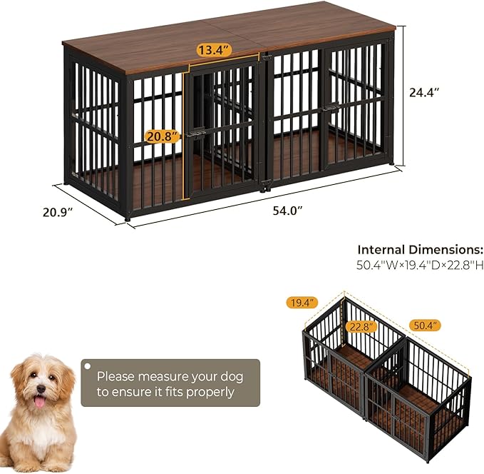 Lyromix 54'' Dog Crate Furniture with Double Rooms,Wooden Crate End Table Heavy Duty Indoor Puppy Cage for 2 Small Dogs, Multiple Units Can be Combined, Walnut