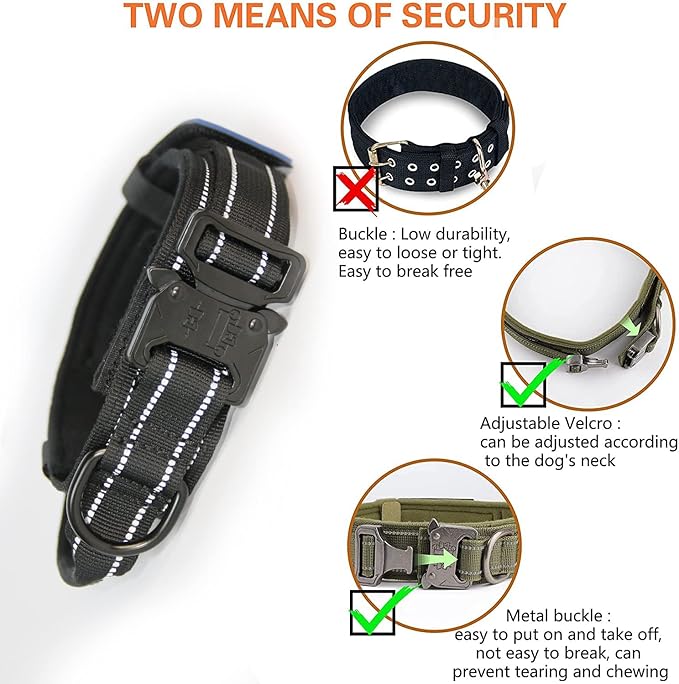 KCUCOP Tactical Dog Collar for Medium & Large Dogs - Military Nylon Heavy Duty Collar with Handle, Reflective Strip & Metal Buckle for Training, Outdoor (Black Reflective, XLarge)