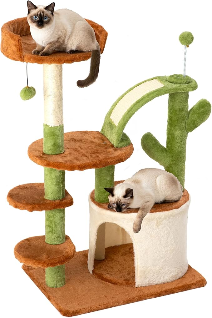 Cactus Cat Tree for Indoor Cats, Multi-Level Cat Tower with Sisal Scratching Posts, Stable Cat Condo with Perches and Climbing Steps, 36.6", Brown