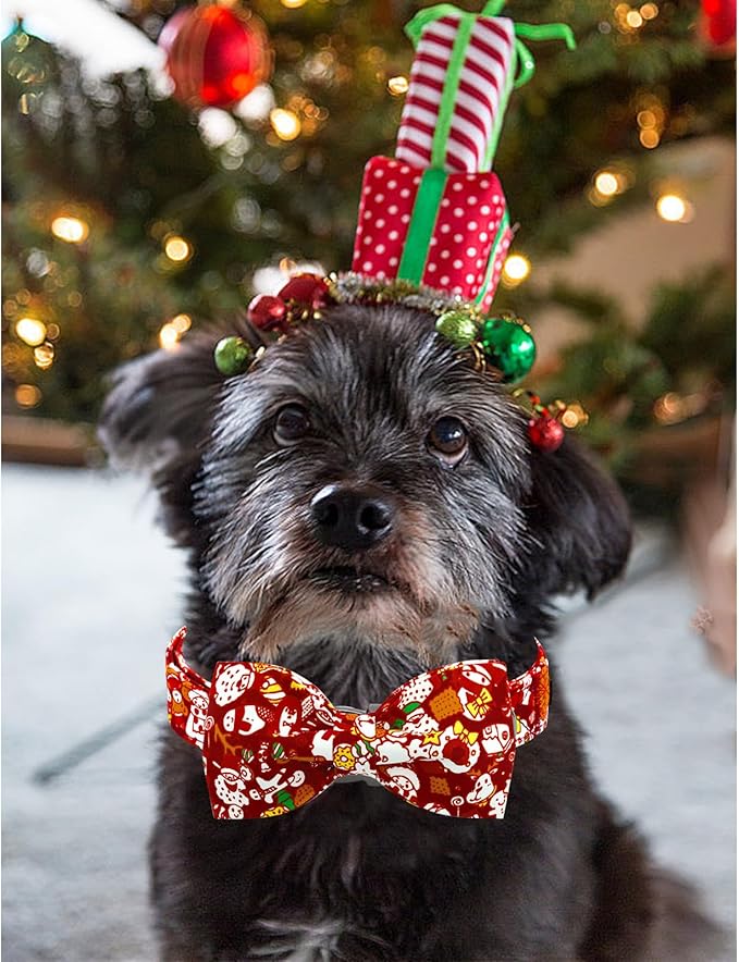 Lionheart glory Dog Bow Collar Red Christmas Santa Deer Print Dog Collar for Small Dogs Adjustable Soft Sturdy Girl or Boy Collars with Bowtie Fall Collar Bows