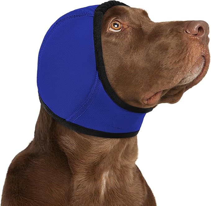 KOESON Dog Calming Hoodie - No Shake Ear Wraps for Dogs, Anxiety Relief & Noise Protection, Water Resistant Pet Ear Cover Muffs for Firework, Grooming, Thunderstorms, Swimming, Bathing, Royal Blue L