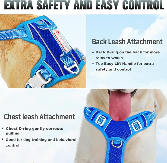 BARKBAY No Pull Dog Harness Large Reflective Dog Harness with Front Clip and Easy Control Handle for Walking Training Running with ID tag Pocket(Sapphire Blue & Blue,L)