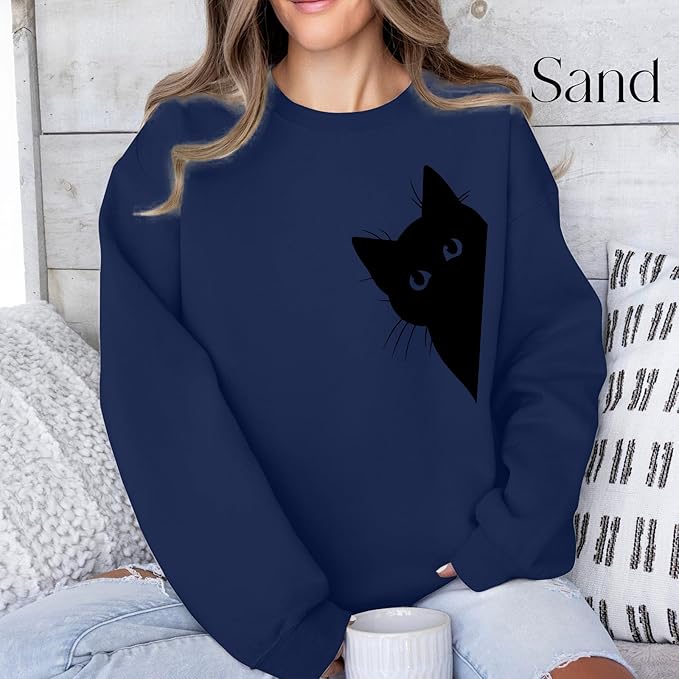 Cat Sweatshirts for Women Graphic Print Sweatshirt Funny Long Sleeve Shirt Cute Pullover Lightweight Hoodie Tops
