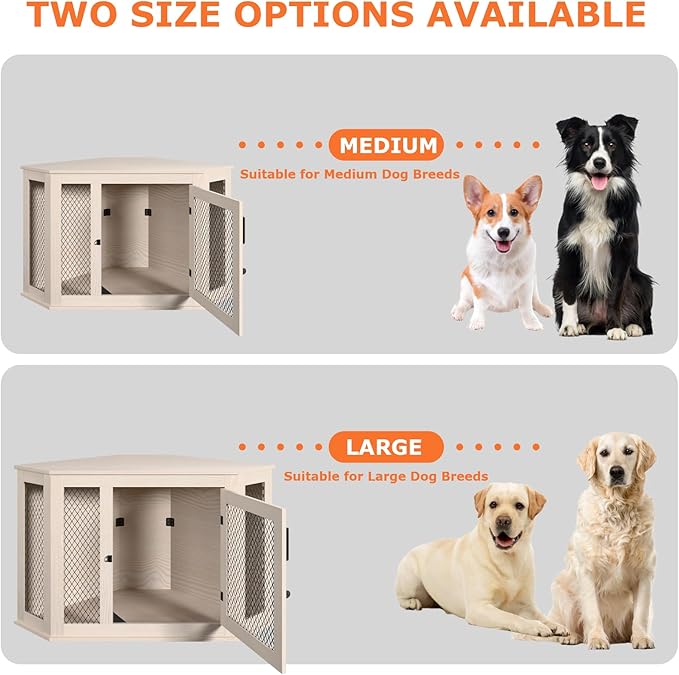 Corner Dog Crate Furniture, 44" Wooden Dog Kennel Furniture End Table with Mesh, Dog Kennel Indoor Furniture for Small Medium Dogs, Modern Decorative Wood Pet House Dog Cage Crate, White