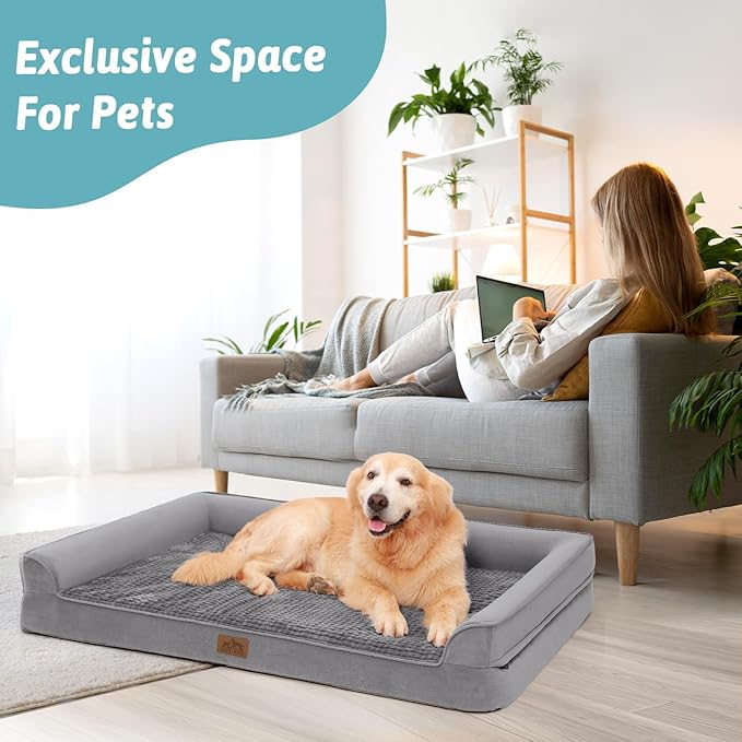 Orthopedic Dog Bed for Large Dog, XL Pet Couch for Extra Large Dog, Big Supportive Foam Bolster Sofa with Waterproof Lining Cover, Anti-Slip, Comfort, Washable, 42x30x7.5 in, U-Shaped, Grey