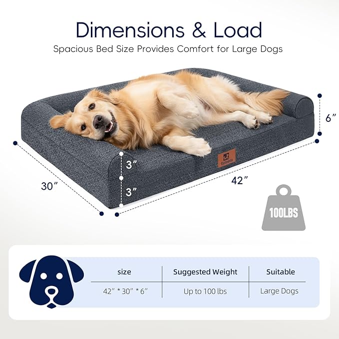 Sytopia Orthopedic Sofa Dog Bed for Extra Large Dogs 42x30 Inch, Waterproof Foam XL Pet Couch Bed with Sides, Non-Slip Egg-Crate Foam Large Dog Bed with Washable Removable Cover, Dark Grey