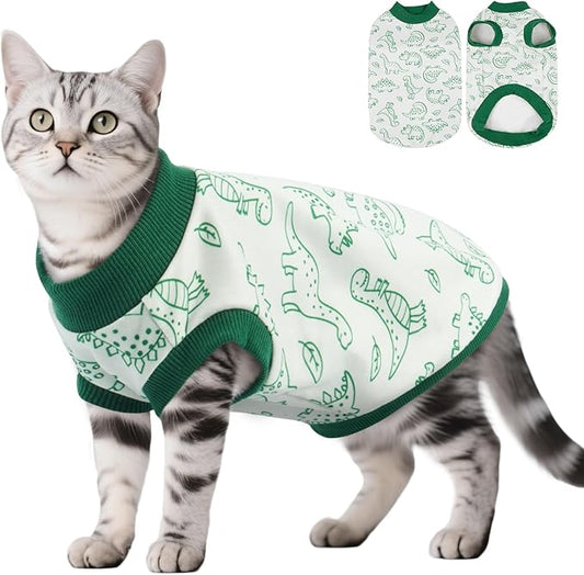 DENTRUN Sleeveless Cat Vest with Dinosaur Print, Breathable Ultra-Soft Dralon Fleece Cat Sweater, All-Season Pet Costume Apparel for Cats, Kitten Clothing for Indoor/Outdoor, Green, XS