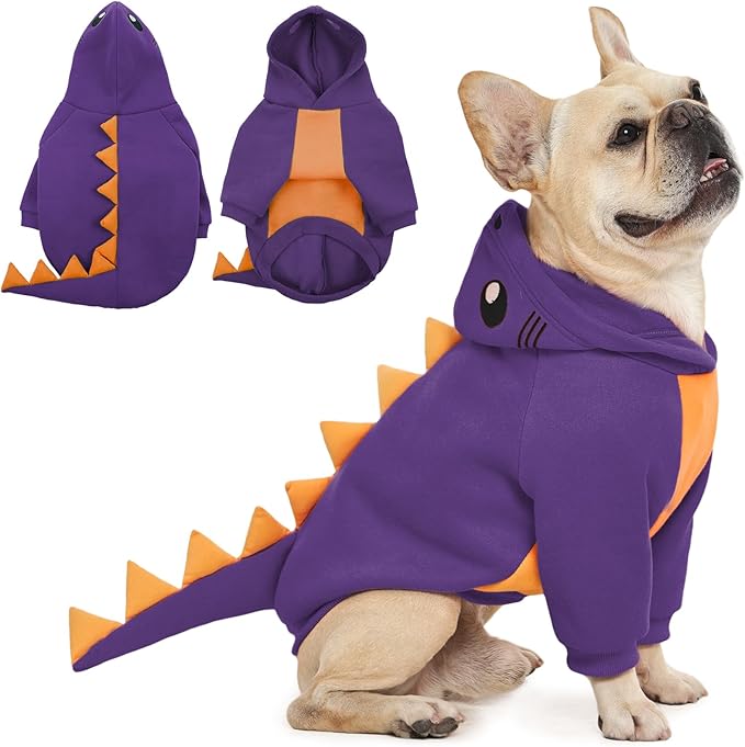 QBLEEV Dog Dinosaur Winter Coat, Warm Soft Knit Pullover Jacket with Hood for Cold Weather, Cozy Fleece-Lined Sweatshirt with 3D Dino Spikes, Stretchy Cute Pet Outerwear for Small Medium Large Dogs