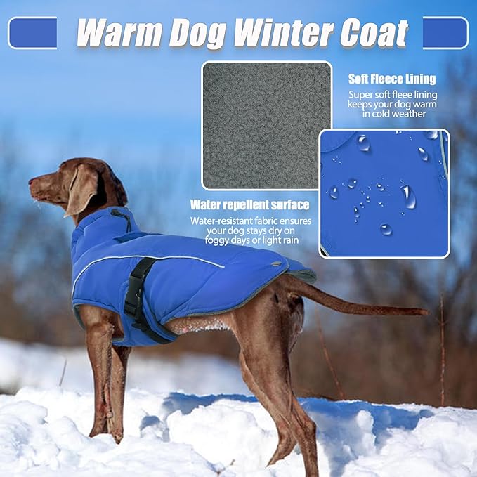 DENTRUN Winter Warm Dog Coat Reflective Jacket with Turtleneck for Cold Weather, Adjustable Buckle Windproof Water Repellent, Thick Snowsuit Fleece Vest for Small, Medium, Large Dogs, Blue, XXL