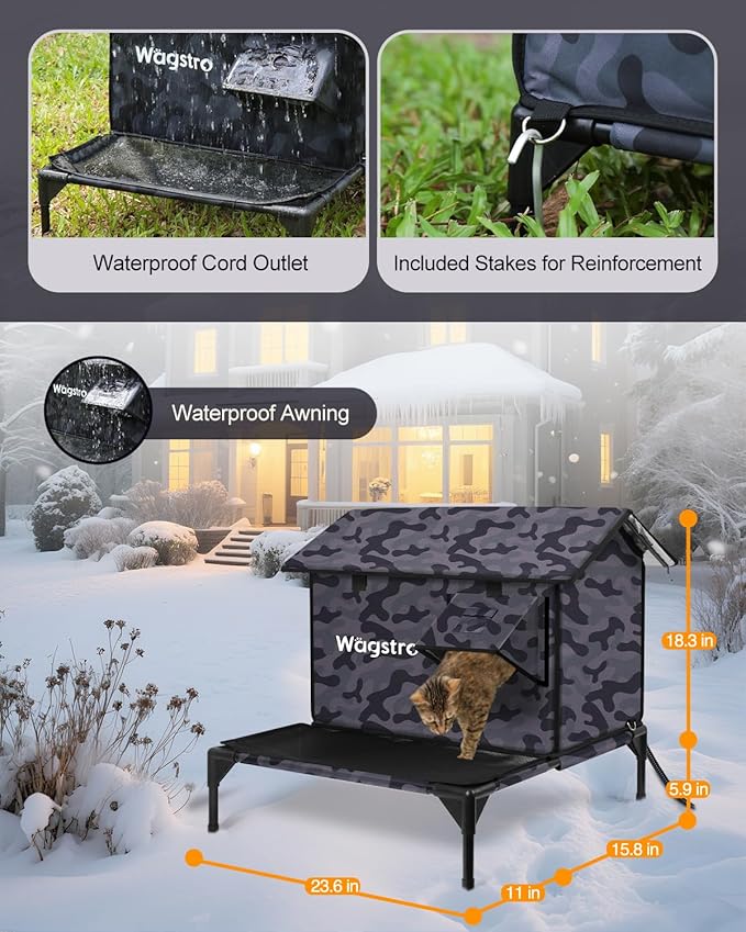 Large Heated Cat House for Outside with Dampless Deck, Highly Elevated, Exit-Only Door, Waterproof Insulated Outdoor Cat Shelter for Feral Stray Barn Cat
