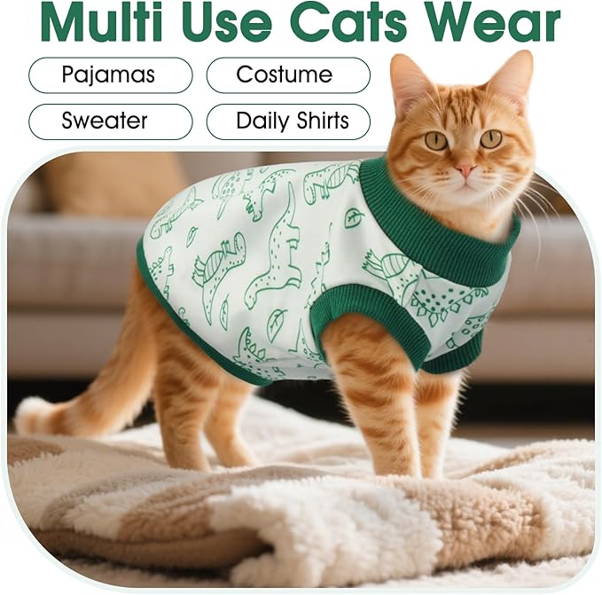 DENTRUN Sleeveless Cat Vest with Dinosaur Print, Breathable Ultra-Soft Dralon Fleece Cat Sweater, All-Season Pet Costume Apparel for Cats, Kitten Clothing for Indoor/Outdoor, Green, M